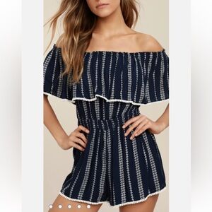 Lulu's Blue Embroidered Off-the-Shoulder Romper